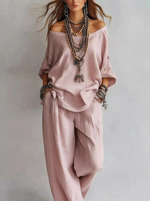 Off-Shoulder Loose Fit Top and Pants Two-Piece Set  Style Ratio