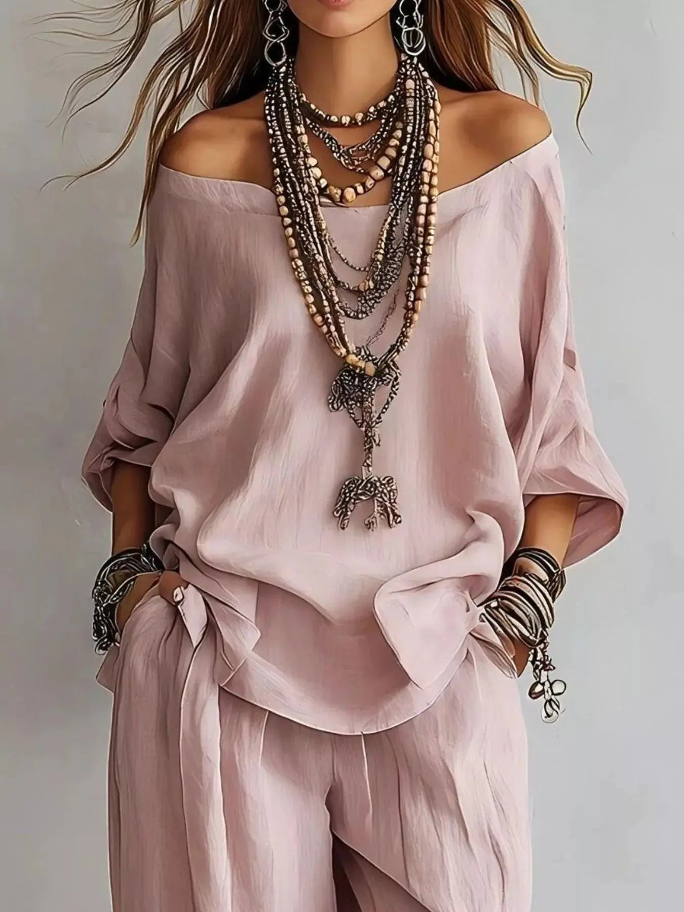 Off-Shoulder Loose Fit Top and Pants Two-Piece Set  Style Ratio