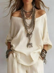 Off-Shoulder Loose Fit Top and Pants Two-Piece Set  Style Ratio