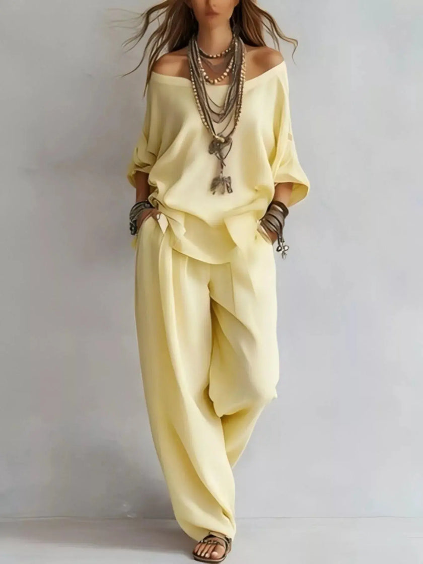 Off-Shoulder Loose Fit Top and Pants Two-Piece Set  Style Ratio