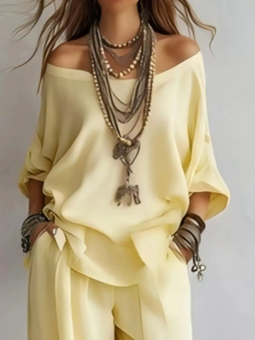 Off-Shoulder Loose Fit Top and Pants Two-Piece Set  Style Ratio