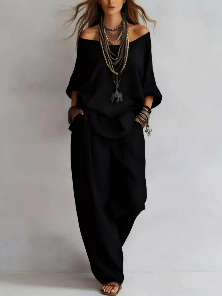 Off-Shoulder Loose Fit Top and Pants Two-Piece Set  Style Ratio