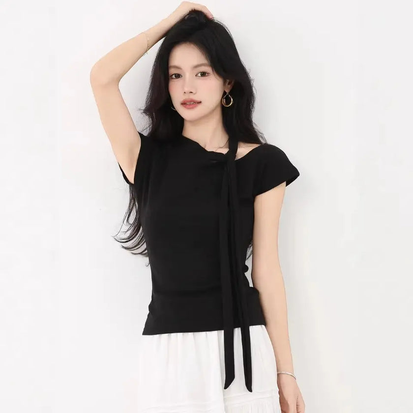 Off-Shoulder Short Sleeve Slim-Fit Unique Top  Style Ratio