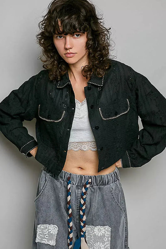 POL Cropped Button-Front Eyelet Cotton Jacket  Style Ratio