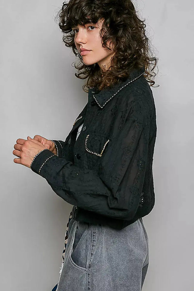 POL Cropped Button-Front Eyelet Cotton Jacket  Style Ratio