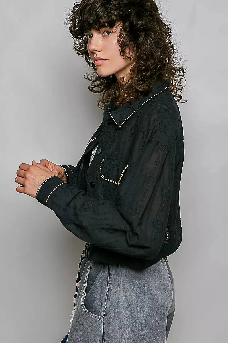 POL Cropped Button-Front Eyelet Cotton Jacket  Style Ratio