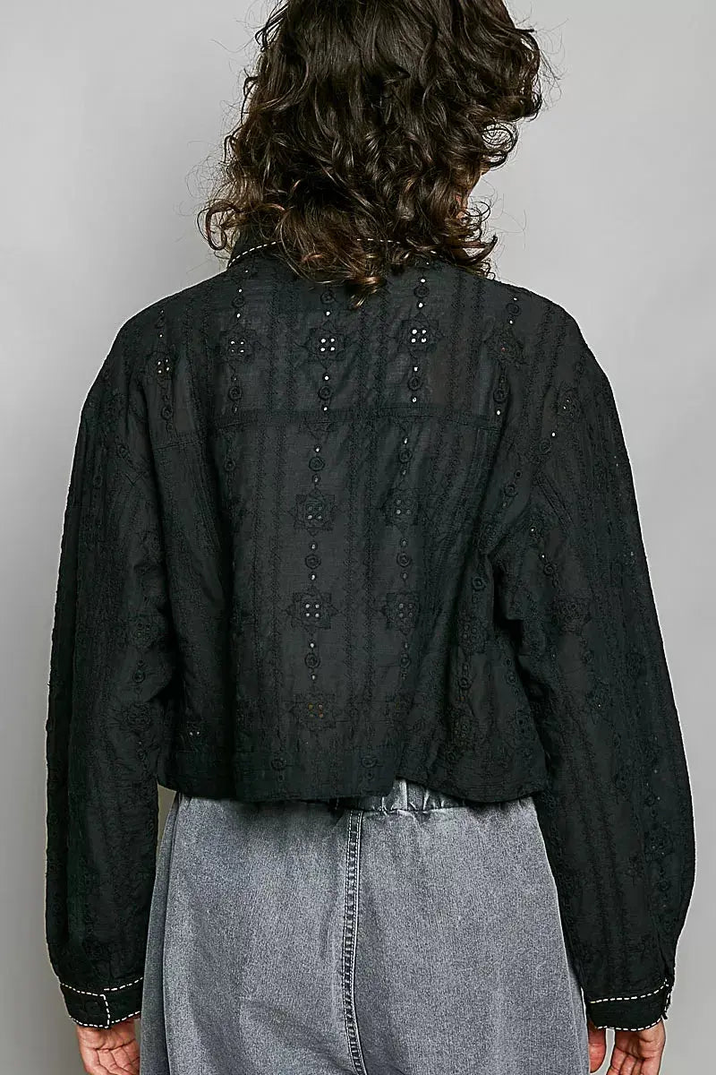 POL Cropped Button-Front Eyelet Cotton Jacket  Style Ratio