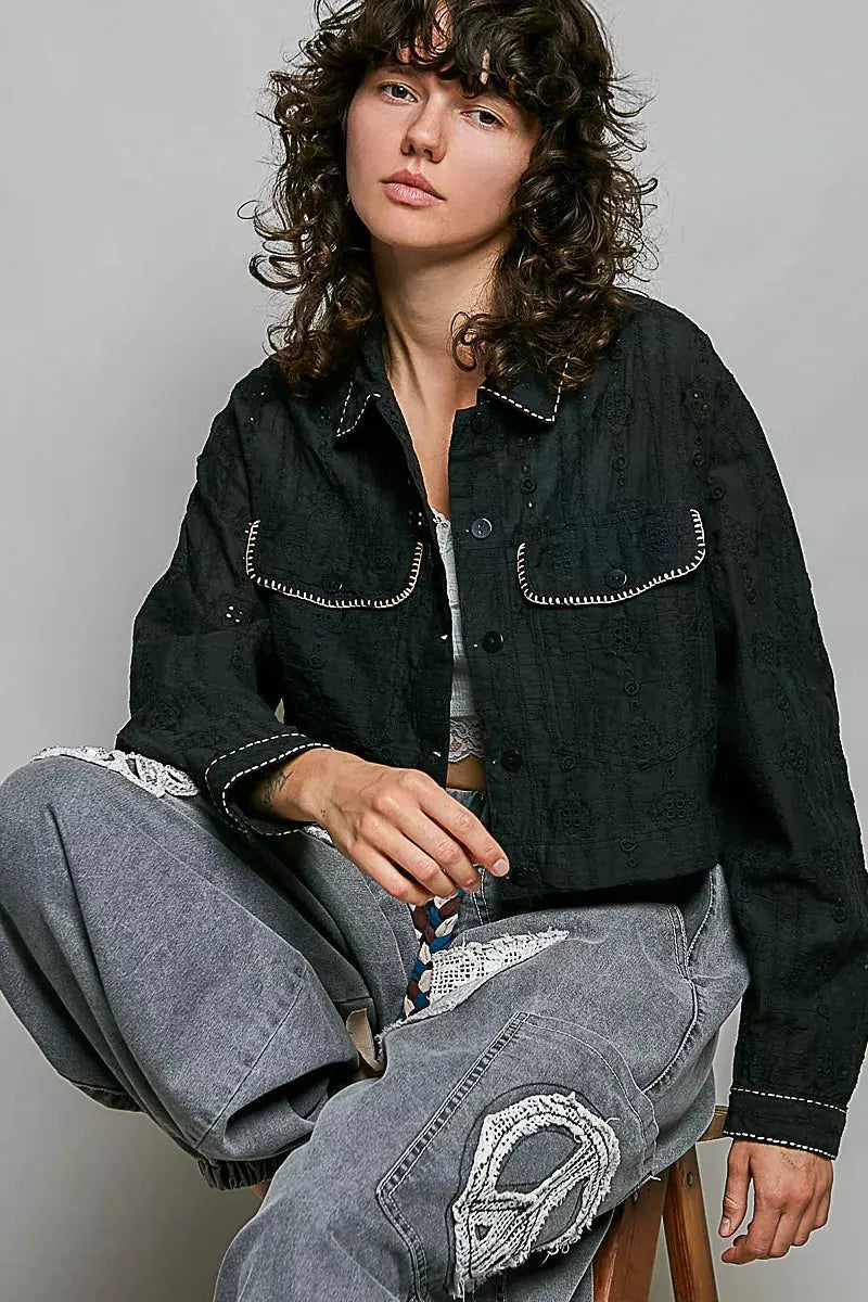 POL Cropped Button-Front Eyelet Cotton Jacket  Style Ratio