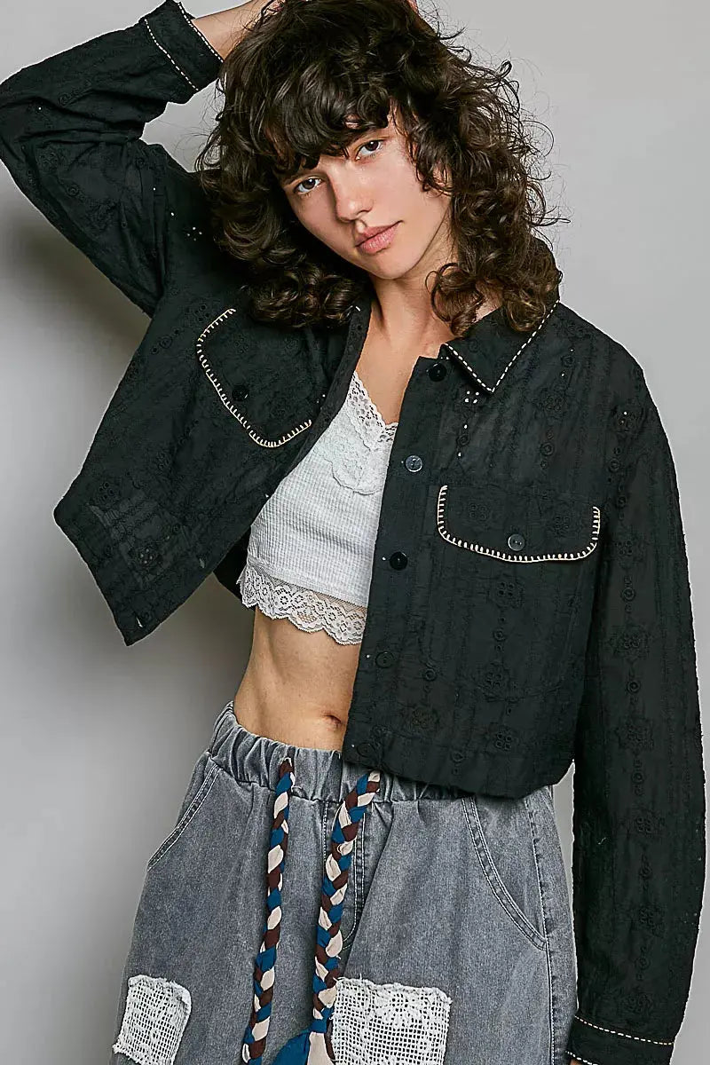 POL Cropped Button-Front Eyelet Cotton Jacket  Style Ratio