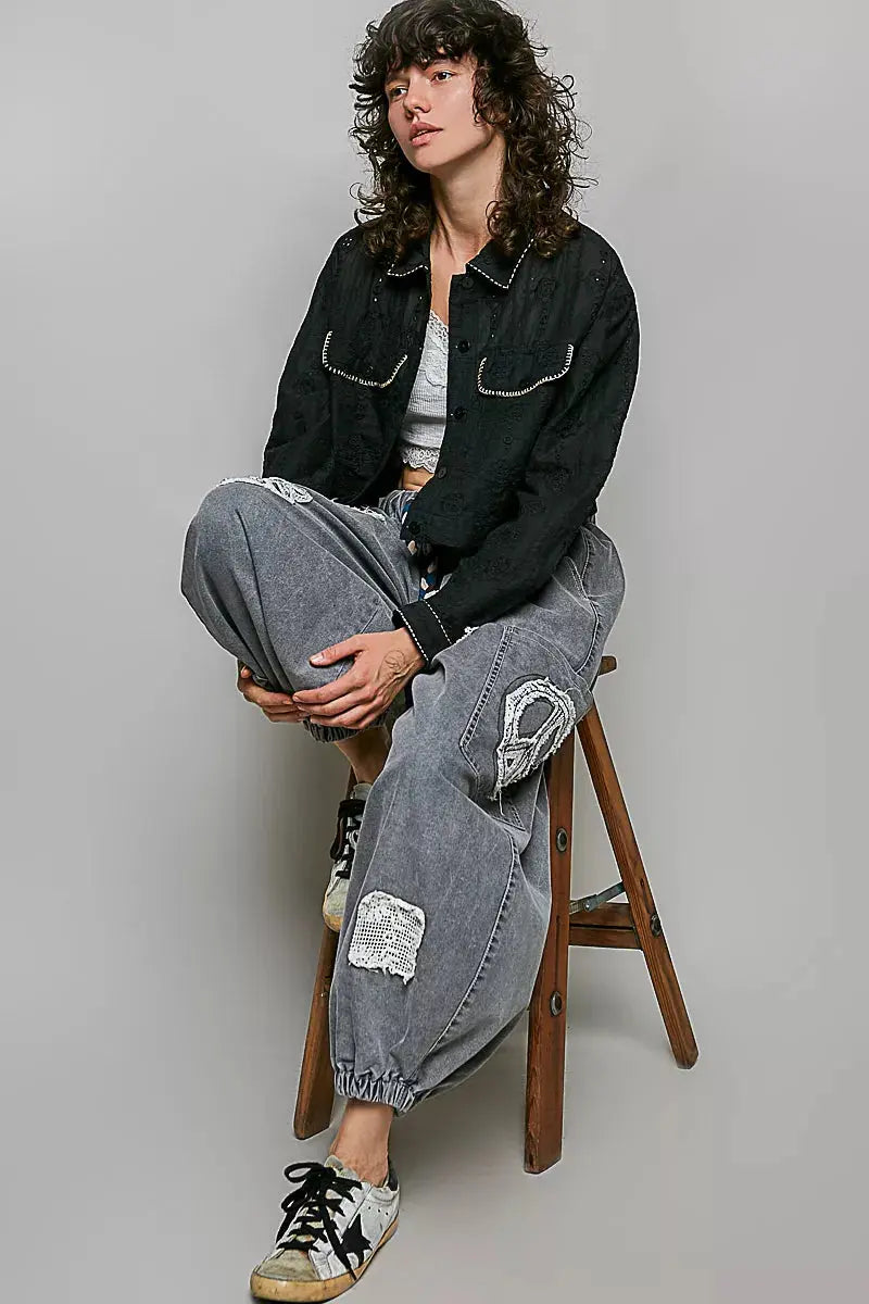 POL Cropped Button-Front Eyelet Cotton Jacket  Style Ratio