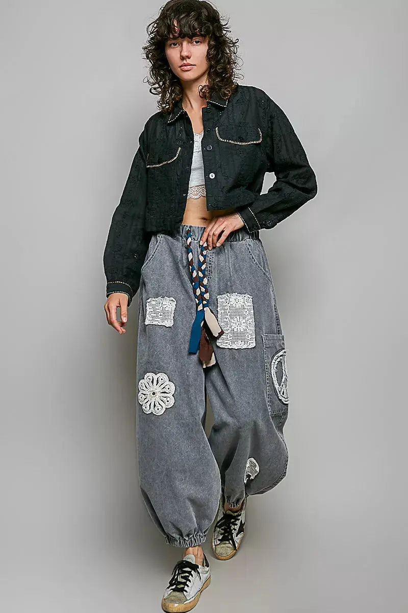 POL Cropped Button-Front Eyelet Cotton Jacket  Style Ratio