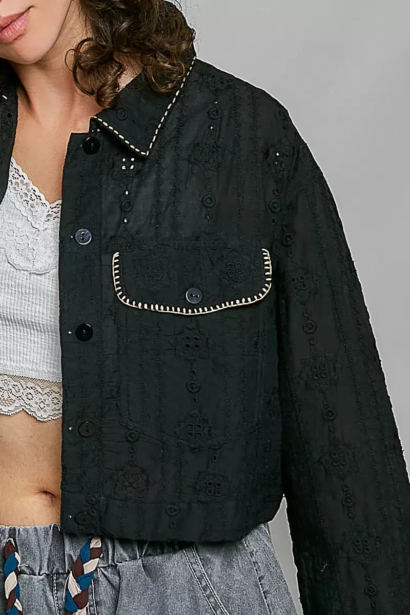POL Cropped Button-Front Eyelet Cotton Jacket  Style Ratio