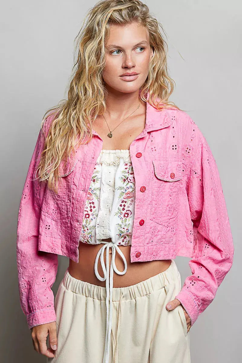 POL Eyelet Textured Cotton Cropped Button-Front Jacket  Style Ratio