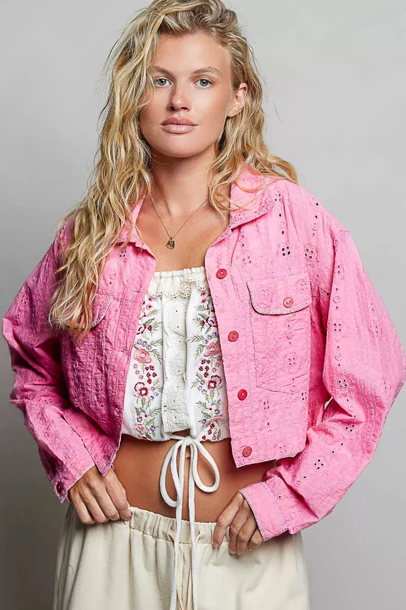 POL Eyelet Textured Cotton Cropped Button-Front Jacket  Style Ratio