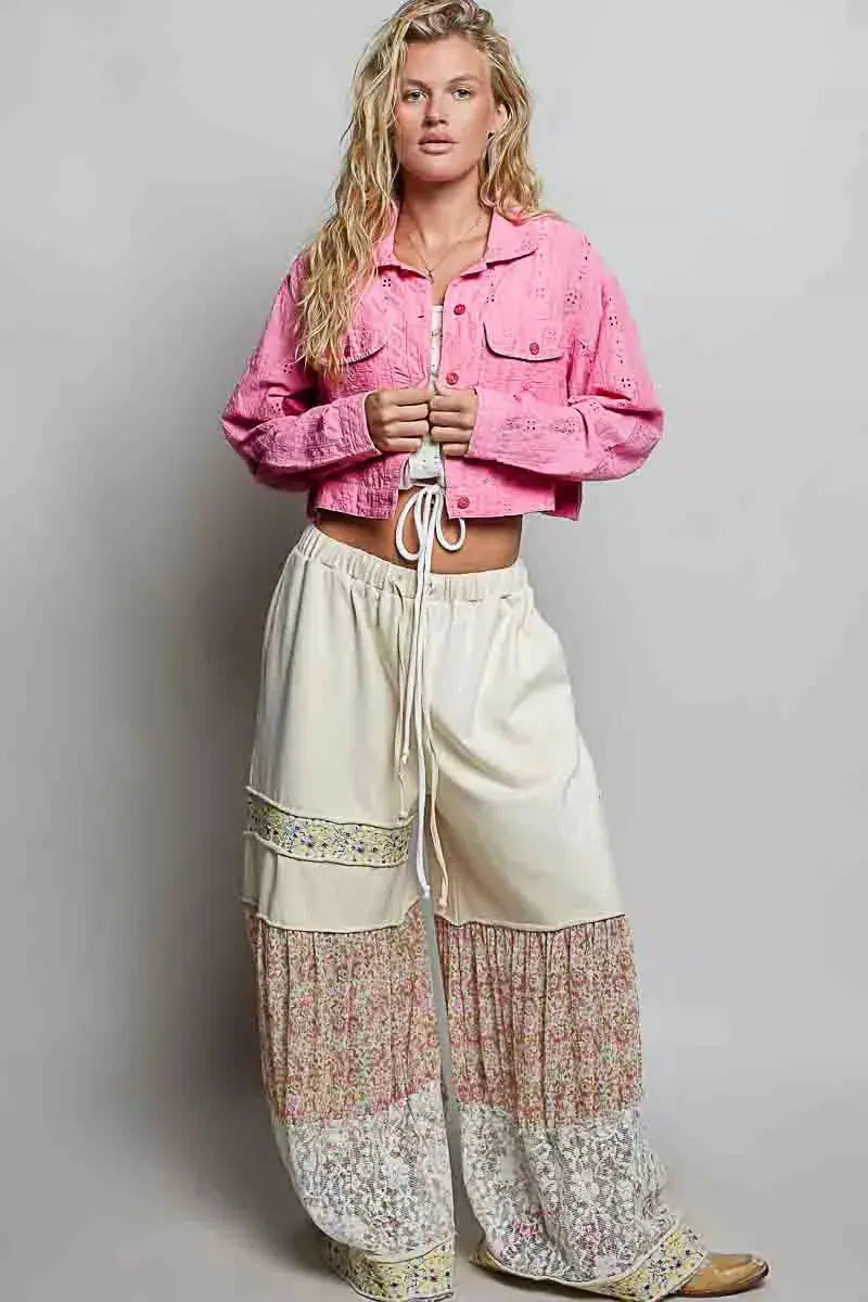 POL Eyelet Textured Cotton Cropped Button-Front Jacket  Style Ratio