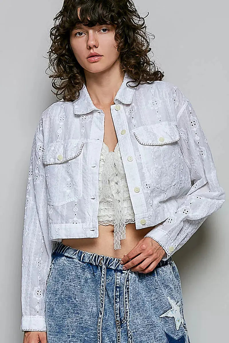 POL Eyelet Textured Cotton Cropped Button Front Jacket  Style Ratio
