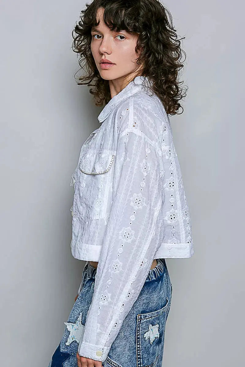 POL Eyelet Textured Cotton Cropped Button Front Jacket  Style Ratio