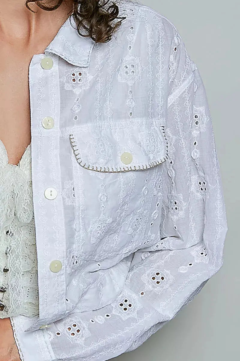POL Eyelet Textured Cotton Cropped Button Front Jacket  Style Ratio