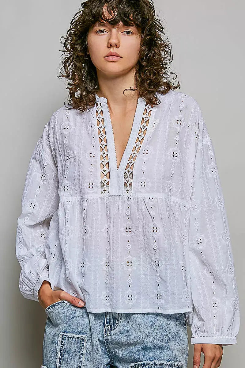 POL Lace Eyelet Long Sleeve Cotton Blouse  Style Ratio
