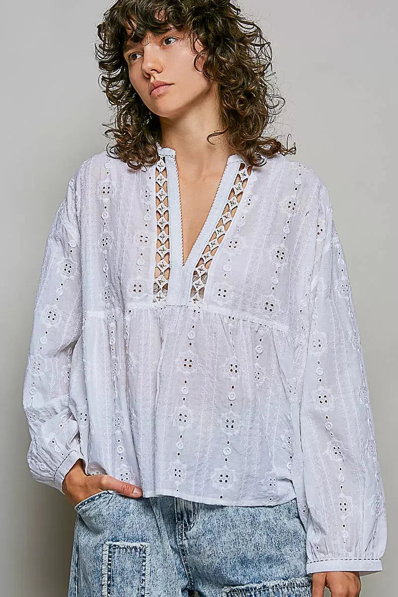 POL Lace Eyelet Long Sleeve Cotton Blouse  Style Ratio