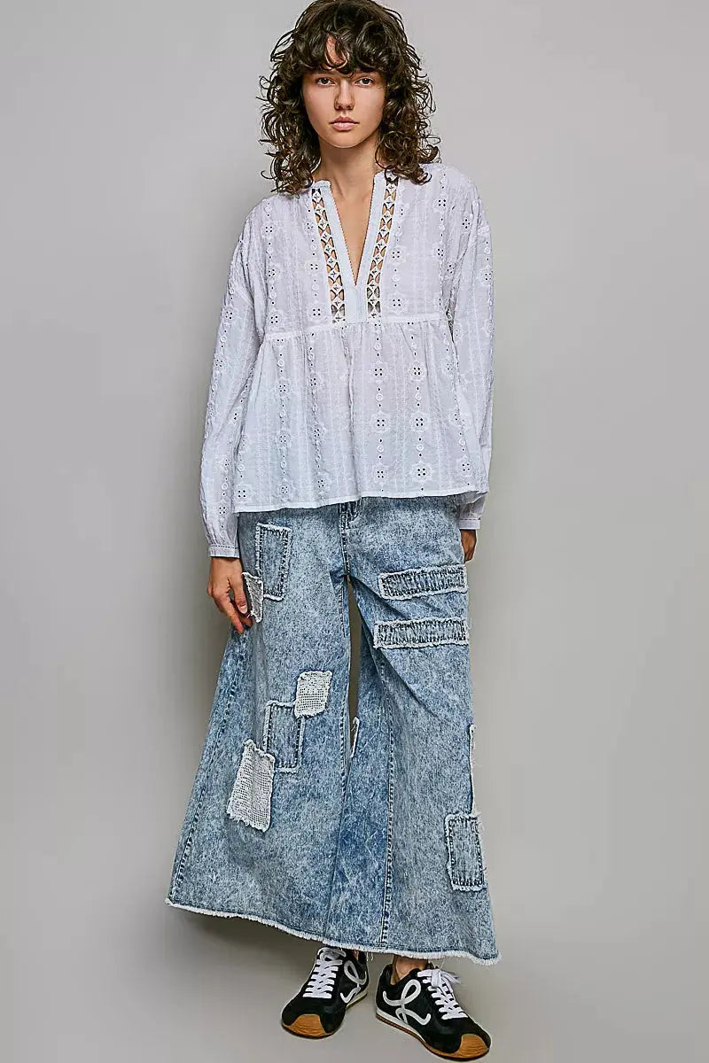 POL Lace Eyelet Long Sleeve Cotton Blouse  Style Ratio