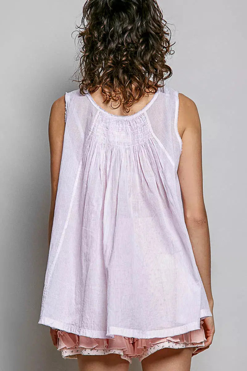 POL POL Round Neck Sleeveless Striped Pleated Cotton Top  Style Ratio