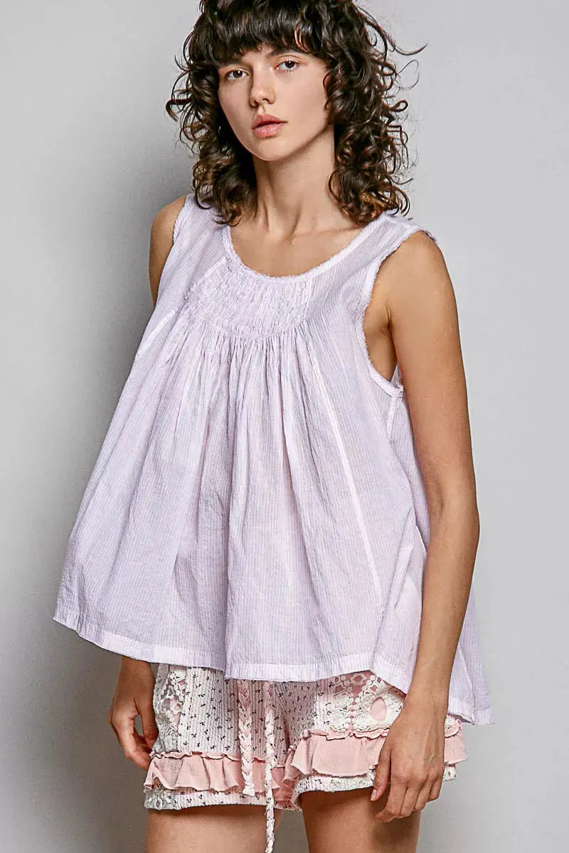 POL POL Round Neck Sleeveless Striped Pleated Cotton Top  Style Ratio