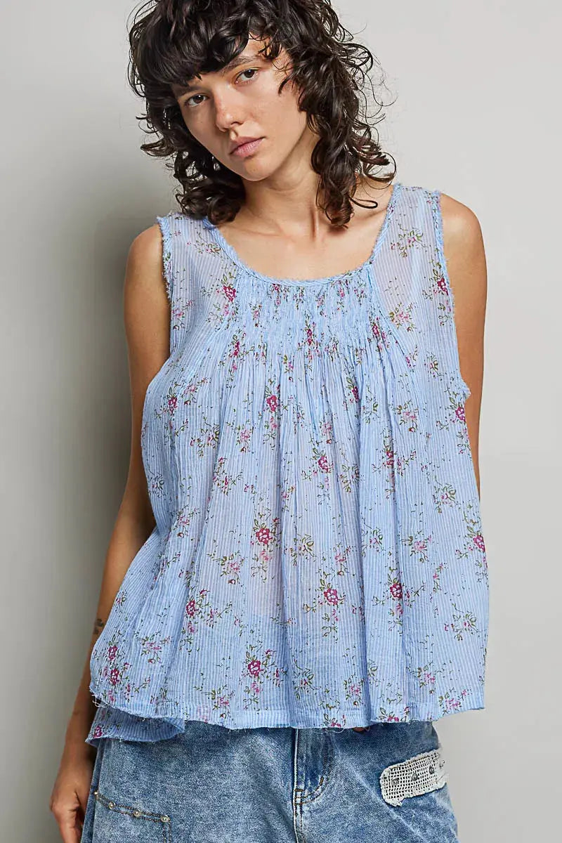 POL Round Neck Sleeveless Floral Pleated Cotton Top  Style Ratio