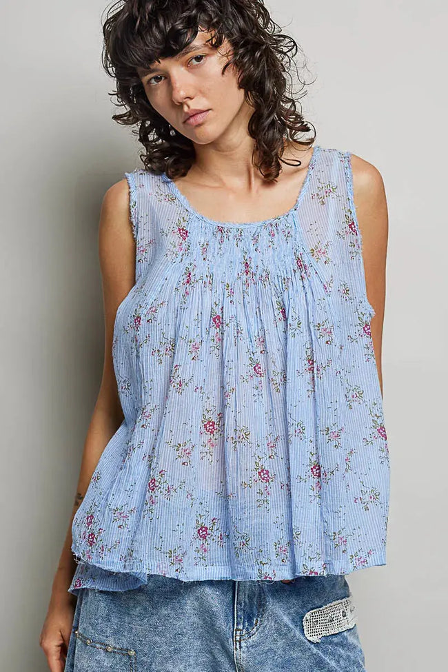 POL Round Neck Sleeveless Floral Pleated Cotton Top  Style Ratio
