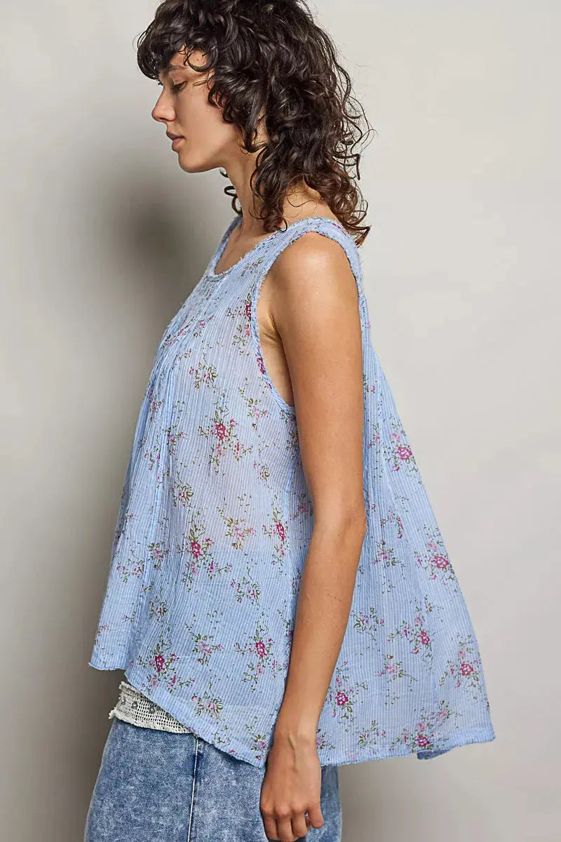 POL Round Neck Sleeveless Floral Pleated Cotton Top  Style Ratio