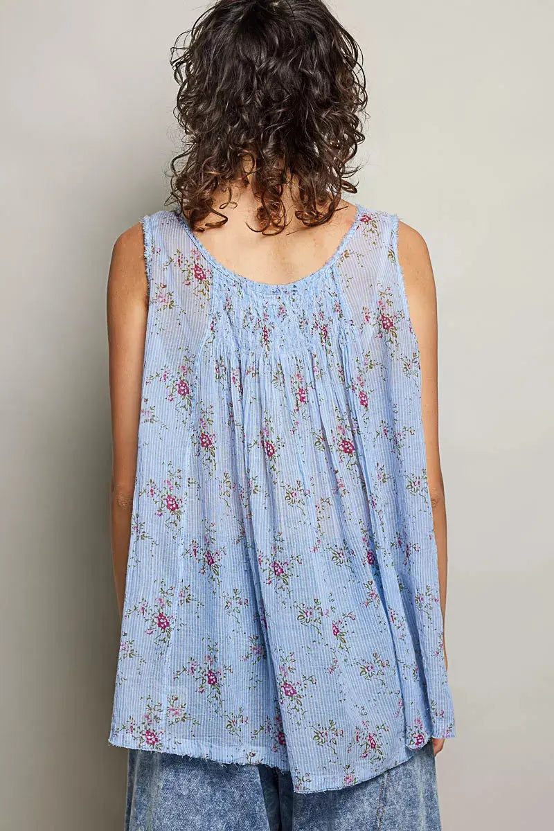 POL Round Neck Sleeveless Floral Pleated Cotton Top  Style Ratio