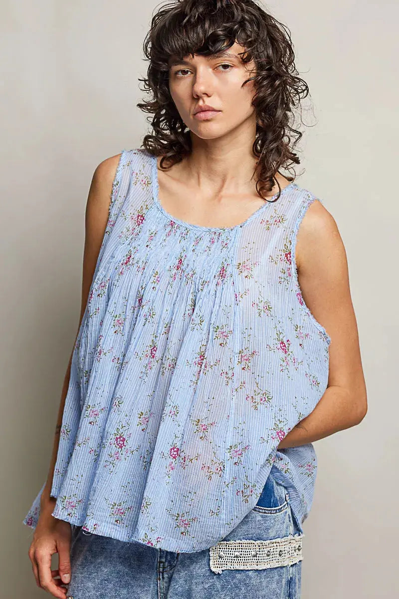 POL Round Neck Sleeveless Floral Pleated Cotton Top  Style Ratio