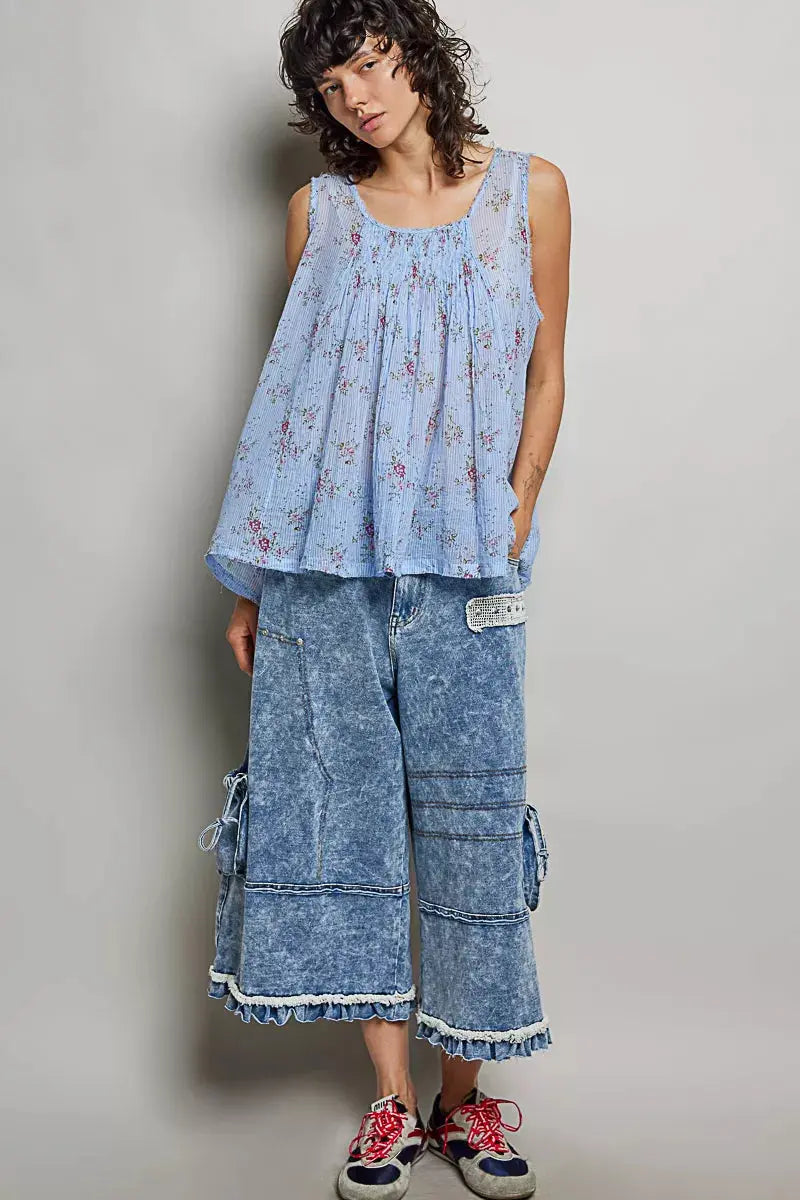 POL Round Neck Sleeveless Floral Pleated Cotton Top  Style Ratio