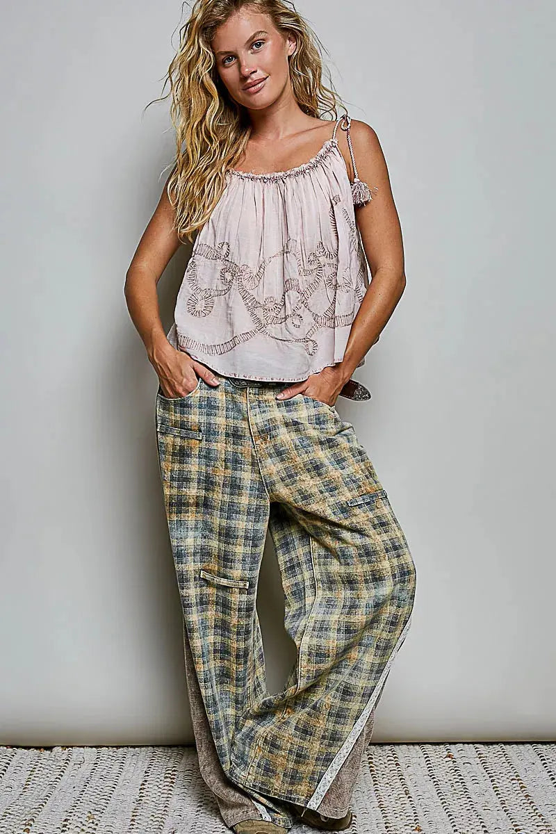 POL Tassel Shoulder Tie Embroidered Sleeveless Woven Top  Style Ratio