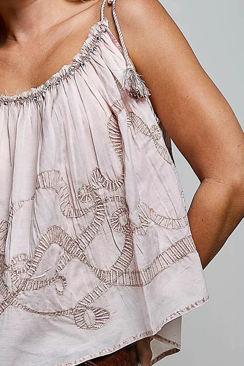 POL Tassel Shoulder Tie Embroidered Sleeveless Woven Top  Style Ratio
