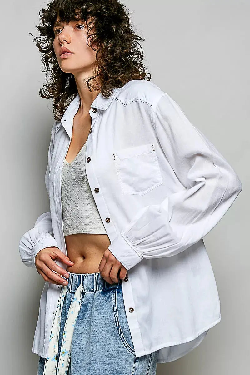 POL Washed Textured Cotton Western Button Front Shirt  Style Ratio