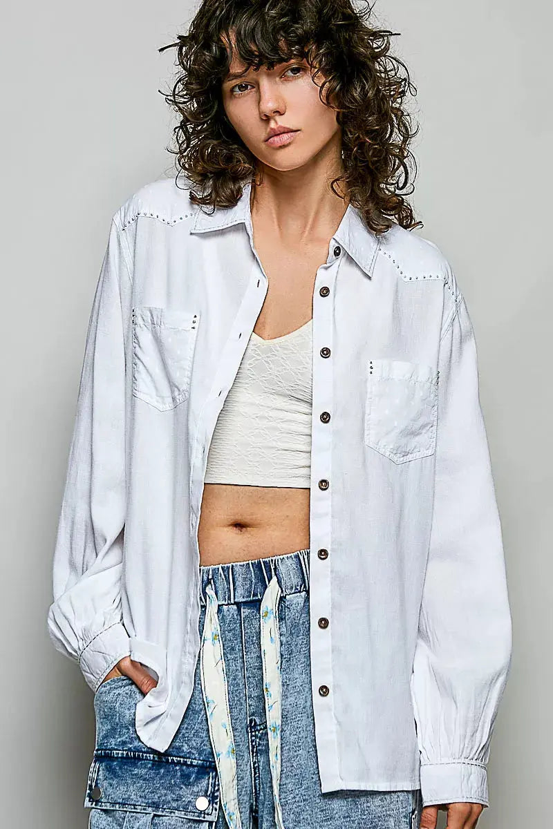 POL Washed Textured Cotton Western Button Front Shirt  Style Ratio