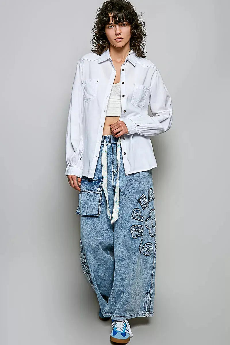 POL Washed Textured Cotton Western Button Front Shirt  Style Ratio
