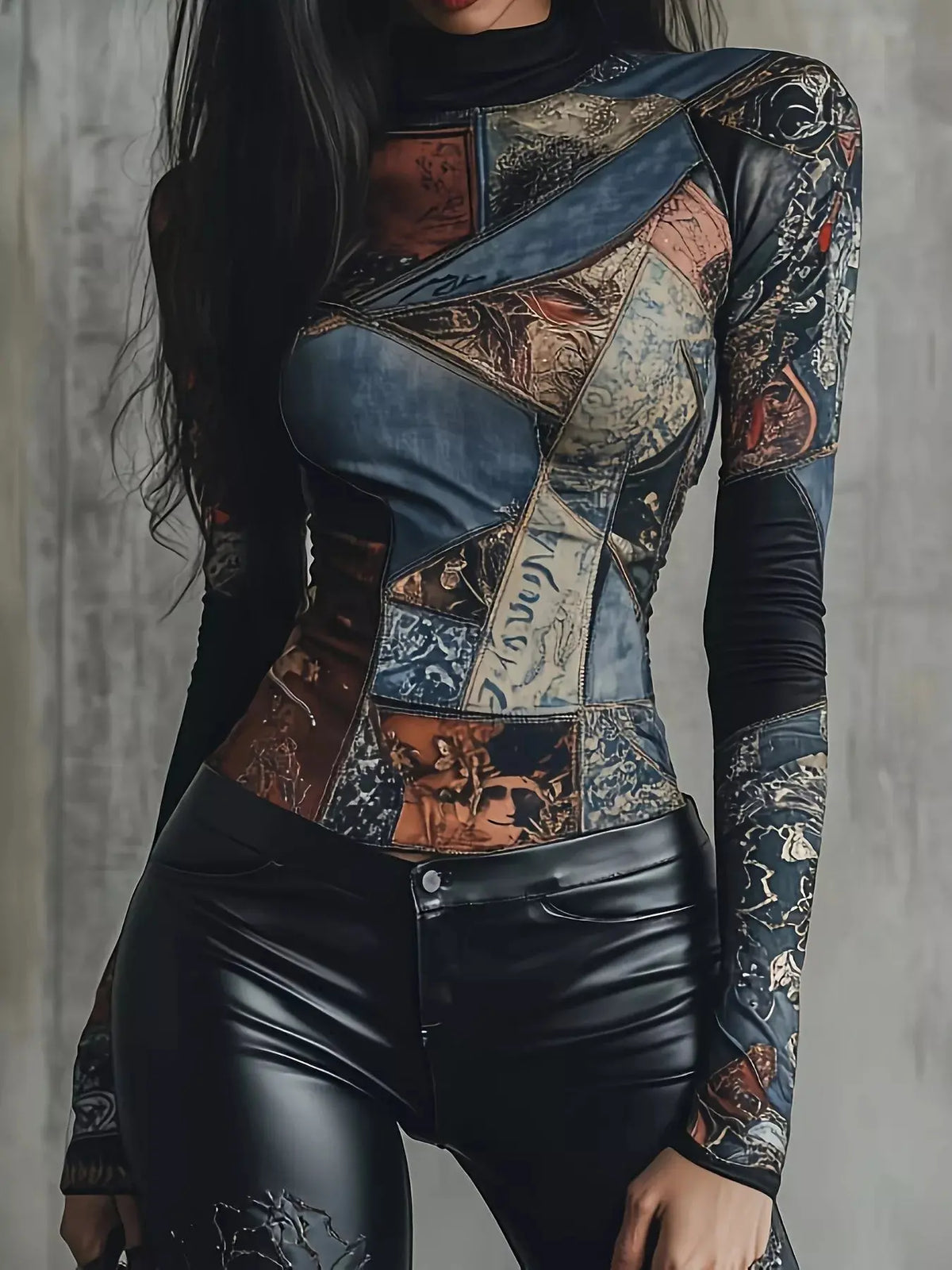 Patchwork Printed Mock Neck Long Sleeve T-Shirt  Style Ratio