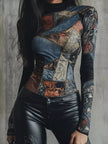 Patchwork Printed Mock Neck Long Sleeve T-Shirt  Style Ratio