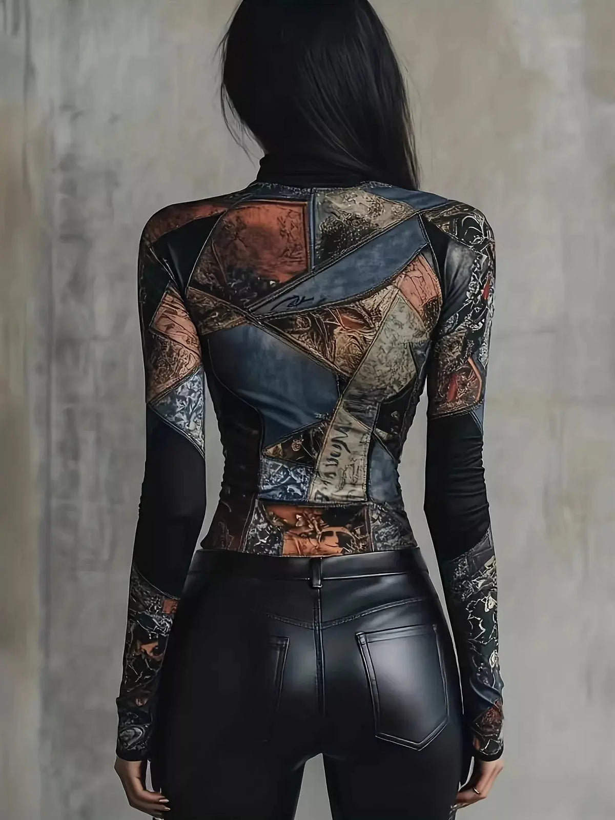 Patchwork Printed Mock Neck Long Sleeve T-Shirt  Style Ratio