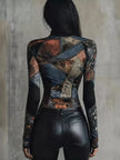 Patchwork Printed Mock Neck Long Sleeve T-Shirt  Style Ratio