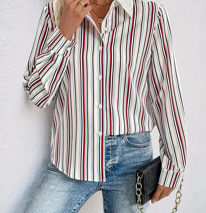 Perfee Contrast Striped Collared Neck Long Sleeve Shirt  Style Ratio