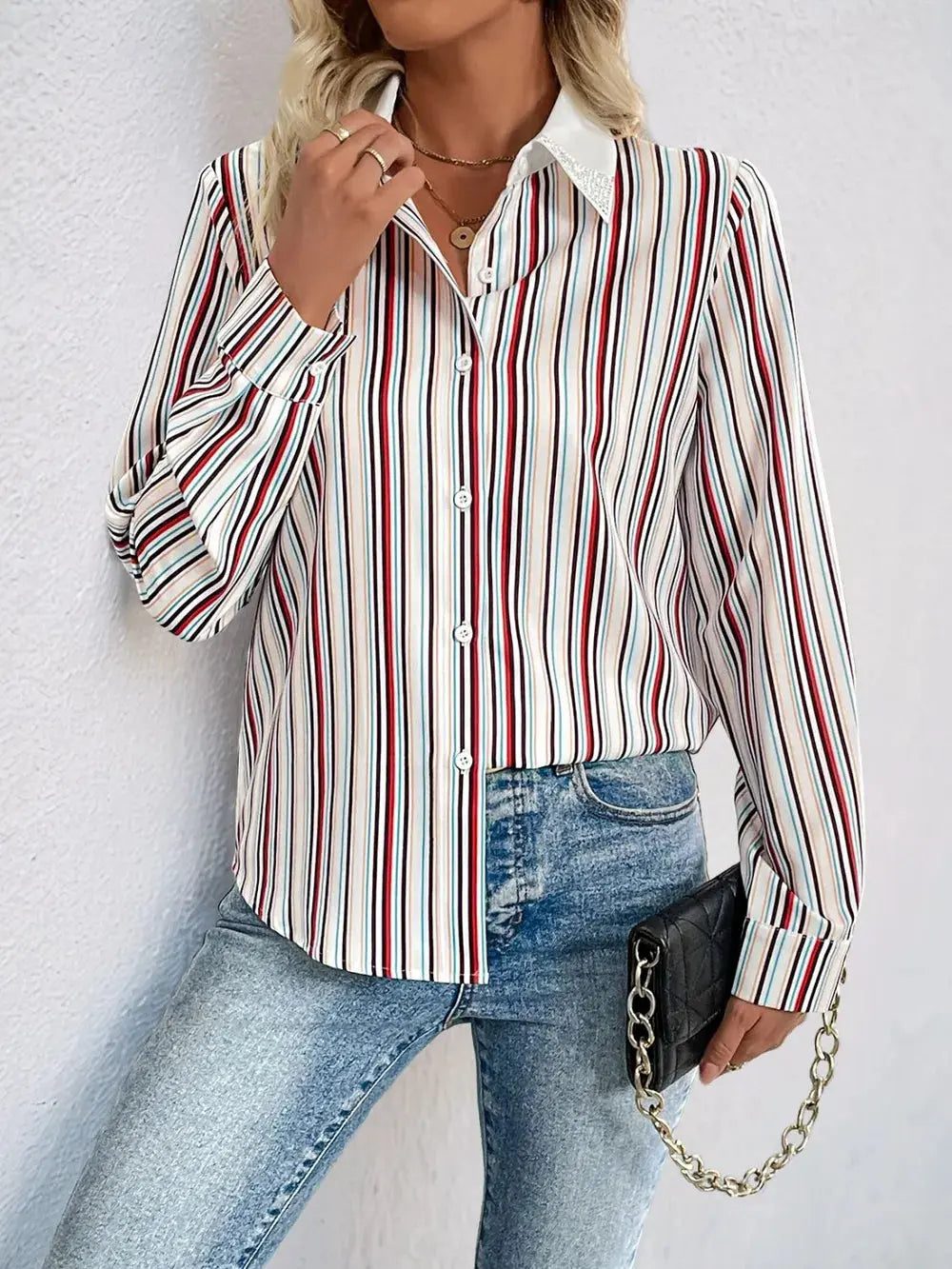 Perfee Contrast Striped Collared Neck Long Sleeve Shirt  Style Ratio