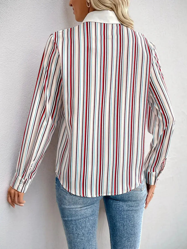 Perfee Contrast Striped Collared Neck Long Sleeve Shirt  Style Ratio