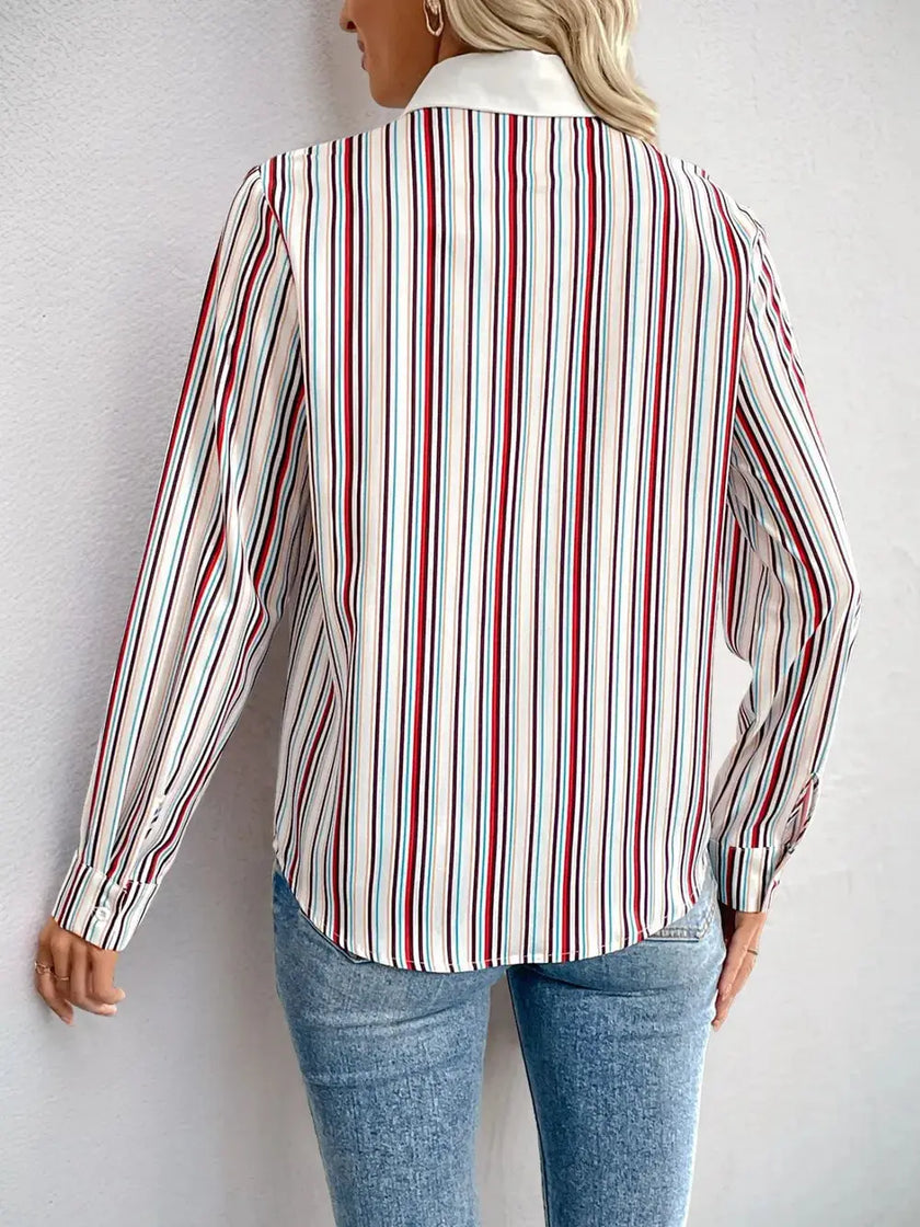 Perfee Contrast Striped Collared Neck Long Sleeve Shirt  Style Ratio