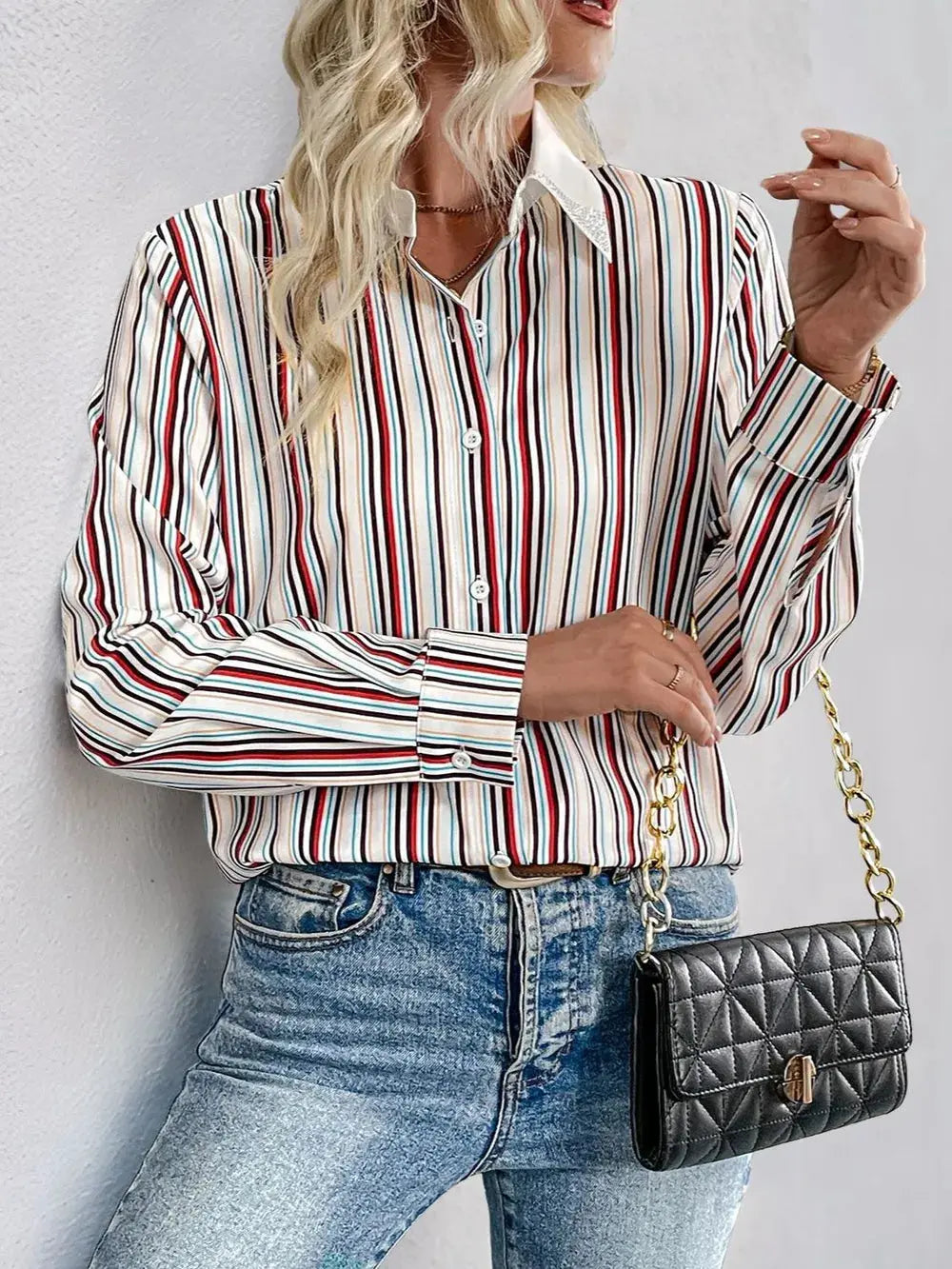 Perfee Contrast Striped Collared Neck Long Sleeve Shirt  Style Ratio