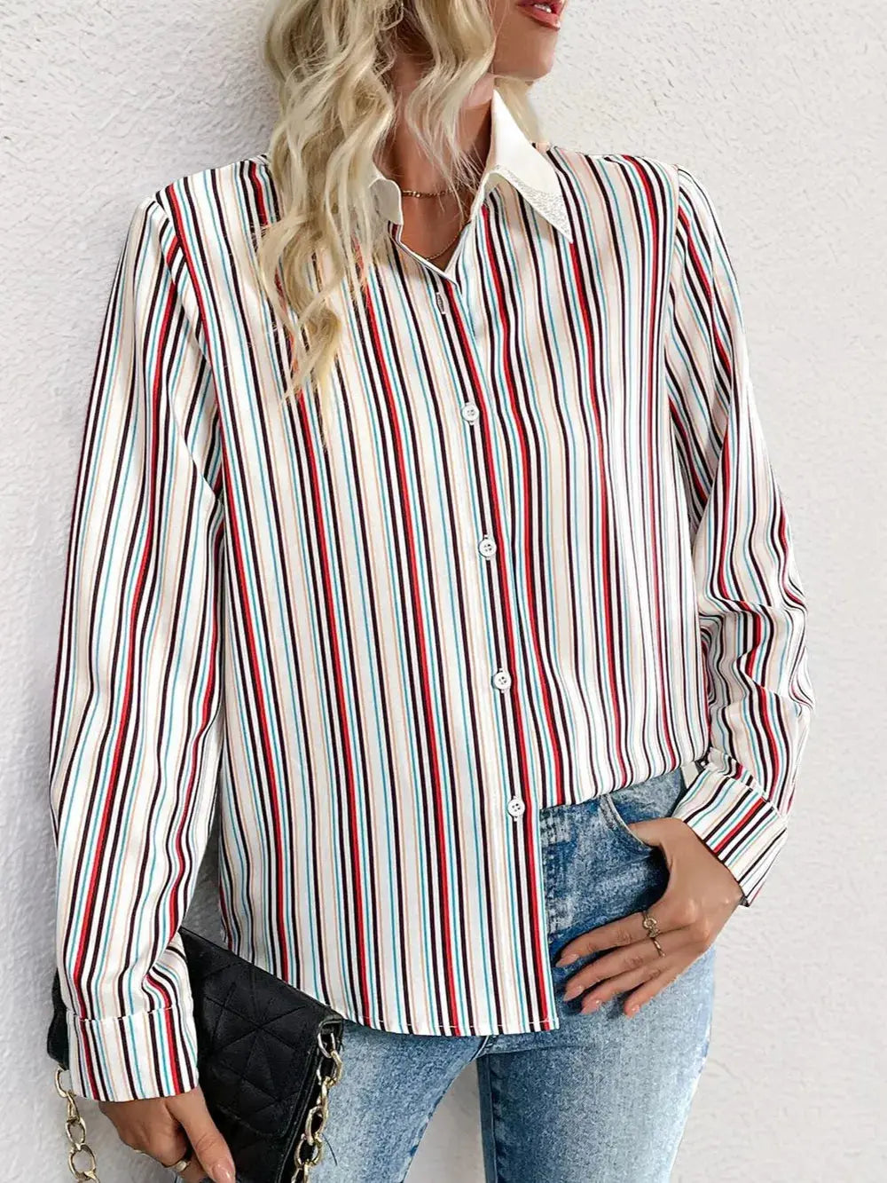 Perfee Contrast Striped Collared Neck Long Sleeve Shirt  Style Ratio