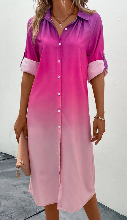 Perfee Gradient Long Sleeve Shirt Dress  Style Ratio
