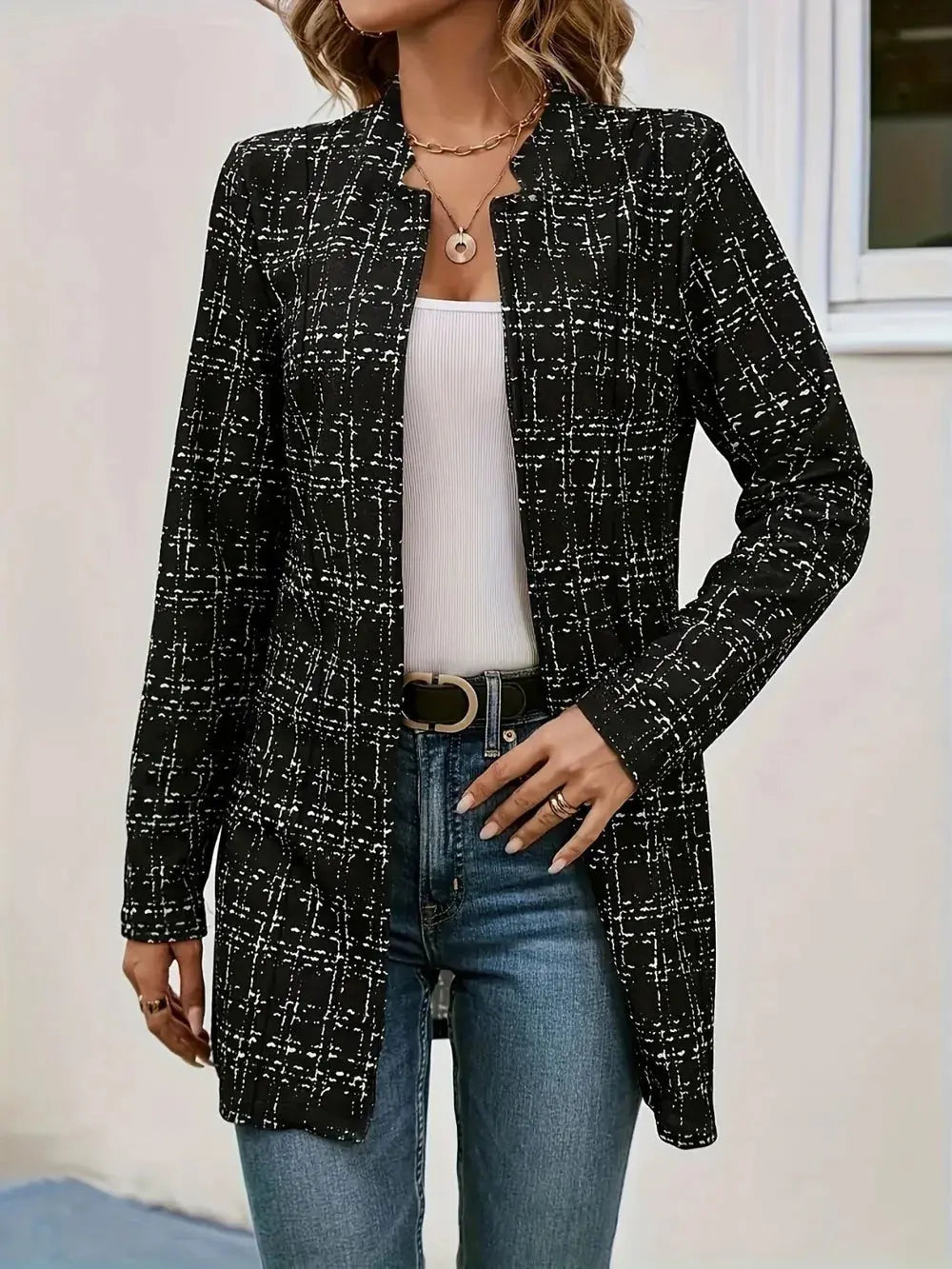 Plaid Open Front Long Sleeve Blazer  Style Ratio